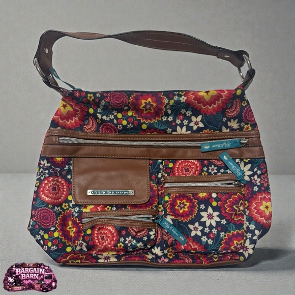 Lily Bloom Handbags - Lily Bloom Floral Shoulder Hobo Bag Multicolor Purse Brown Faux Leather Trim